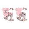 Baby Girls Summer 3PCS Sets Short Sleeve Romper Tops Floral Print Flared Pants Headband Sets