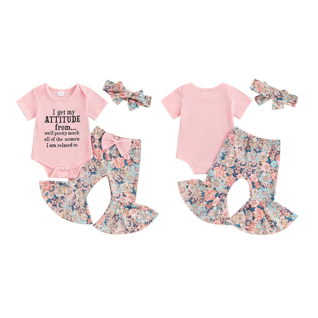 Baby Girls Summer 3PCS Sets Short Sleeve Romper Tops Floral Print Flared Pants Headband Sets