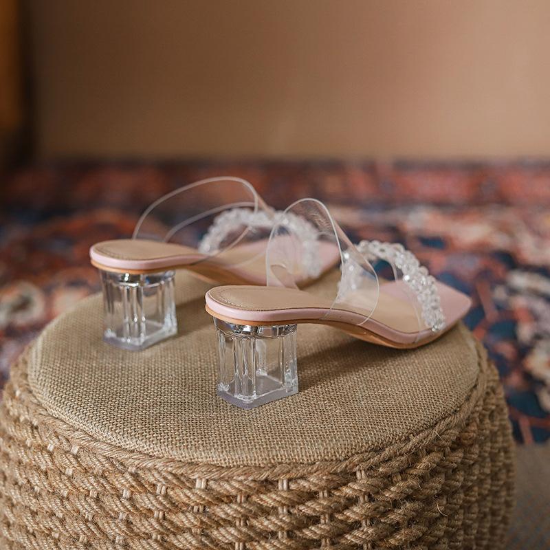 Fashion Transparent PVC Sandals Woman High Block Heels Slides Shoes Ladies Clear Heeled Slippers Double Band Flipflops Crystal Sandalias