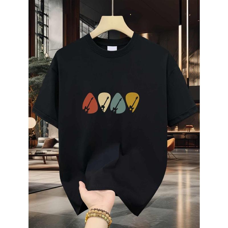 Guitar Picks Men s Cotton TShirt Vintage Guitar Pick Silhouette Print Pattern Pure Cotton Premium Print Durable Casual Fashion S чёрный