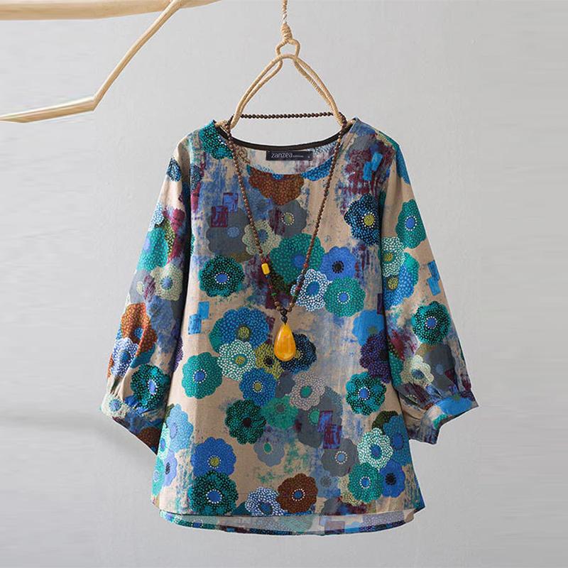 

ZANZEA Женская повседневная летняя блузка с круглым вырезом и принтом, рукав 3/4 L синий