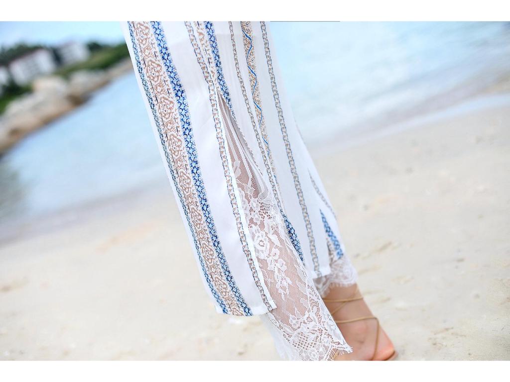 2023 Women's Summer Chiffon Wide-Leg Lace-Up High Waist Slit Pants with Lace Patchwork (F294)