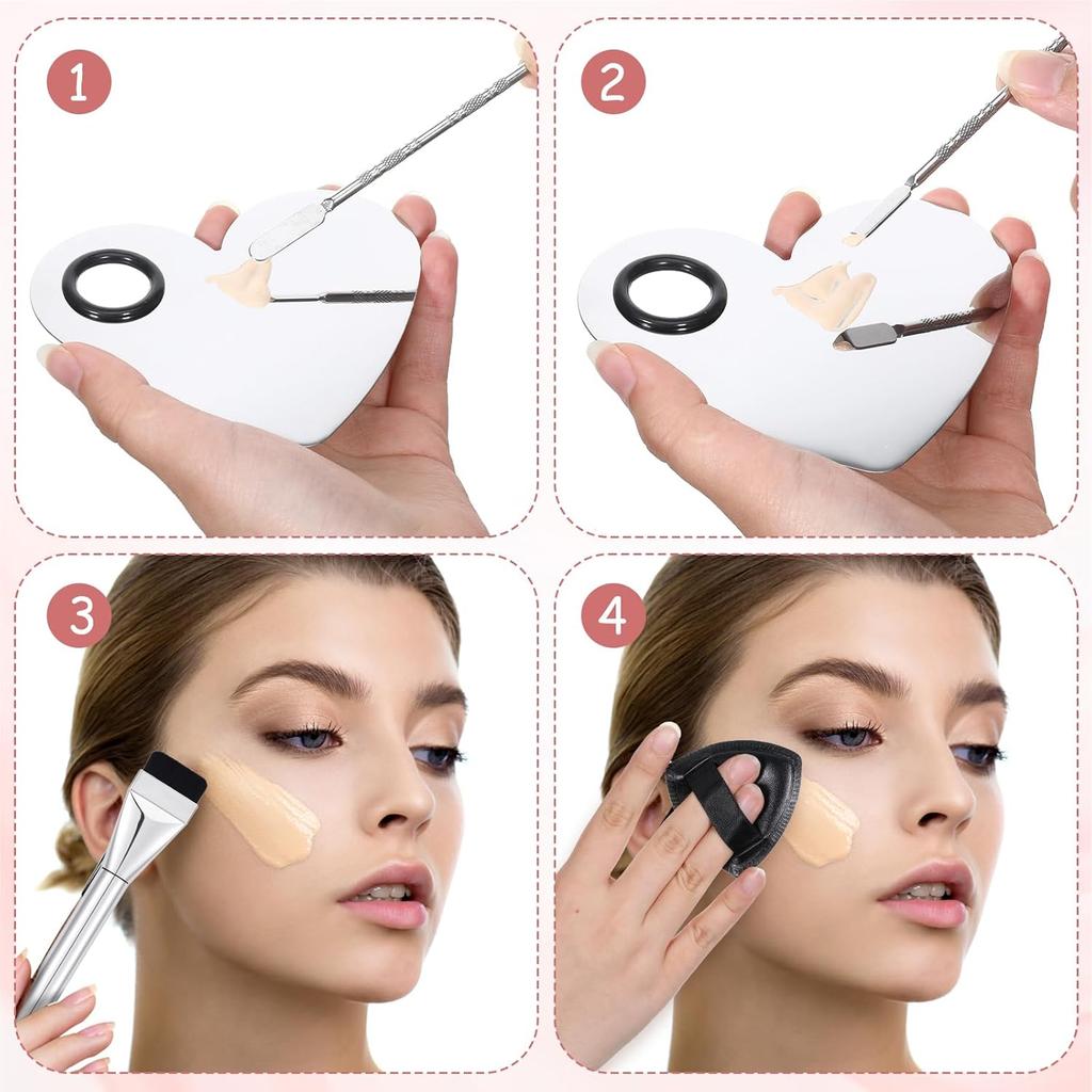 Makeup Mixing Palette Korean Set with Foundation Brush and Spatula, Professional Stainless Steel Heart Makeup Palette Reusable Beauty Tools for