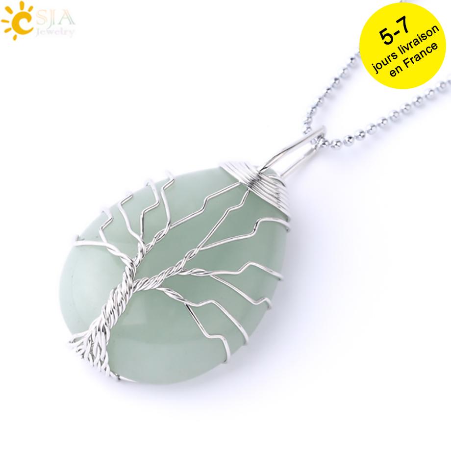CSJA Tree of Life Crystals Necklace Pendant Water Drop Natural Stone Necklaces Wire Wrap Rose Amethysts Quartz Tiger Eye G953