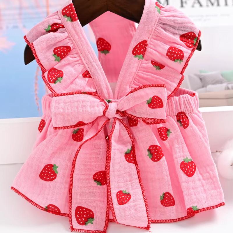 Summer Dog Dress Cute Strawberry Print Bowknot Skirts Cat Princess Dress Chihuahua Yorkie Sweet Skirts Puppy Costume Pet Clothes