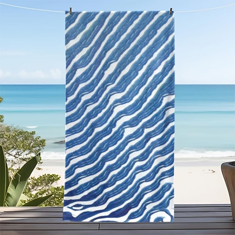 Trending Coastal Striped Print Towel Soft Large Wrap for Men Women Beach Holiday Blue & White Wave Stripe Beach Towel