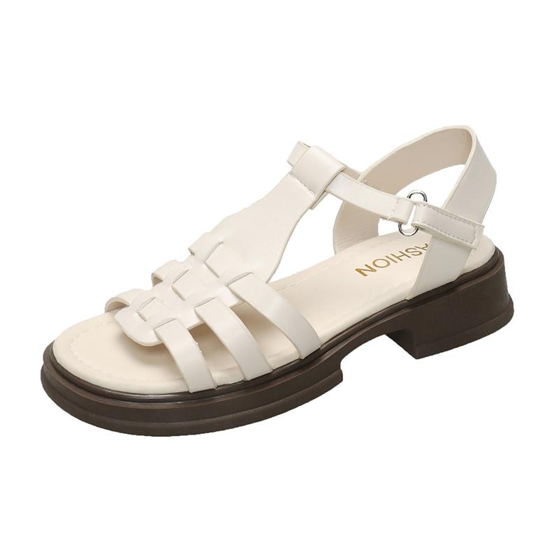 Fashion 2025 Summer Women's Comfortable Shoes Soft Exposed Toe Sandals Suit Beige Buckle Belt Retro Girl New Black Sandalias Mujer