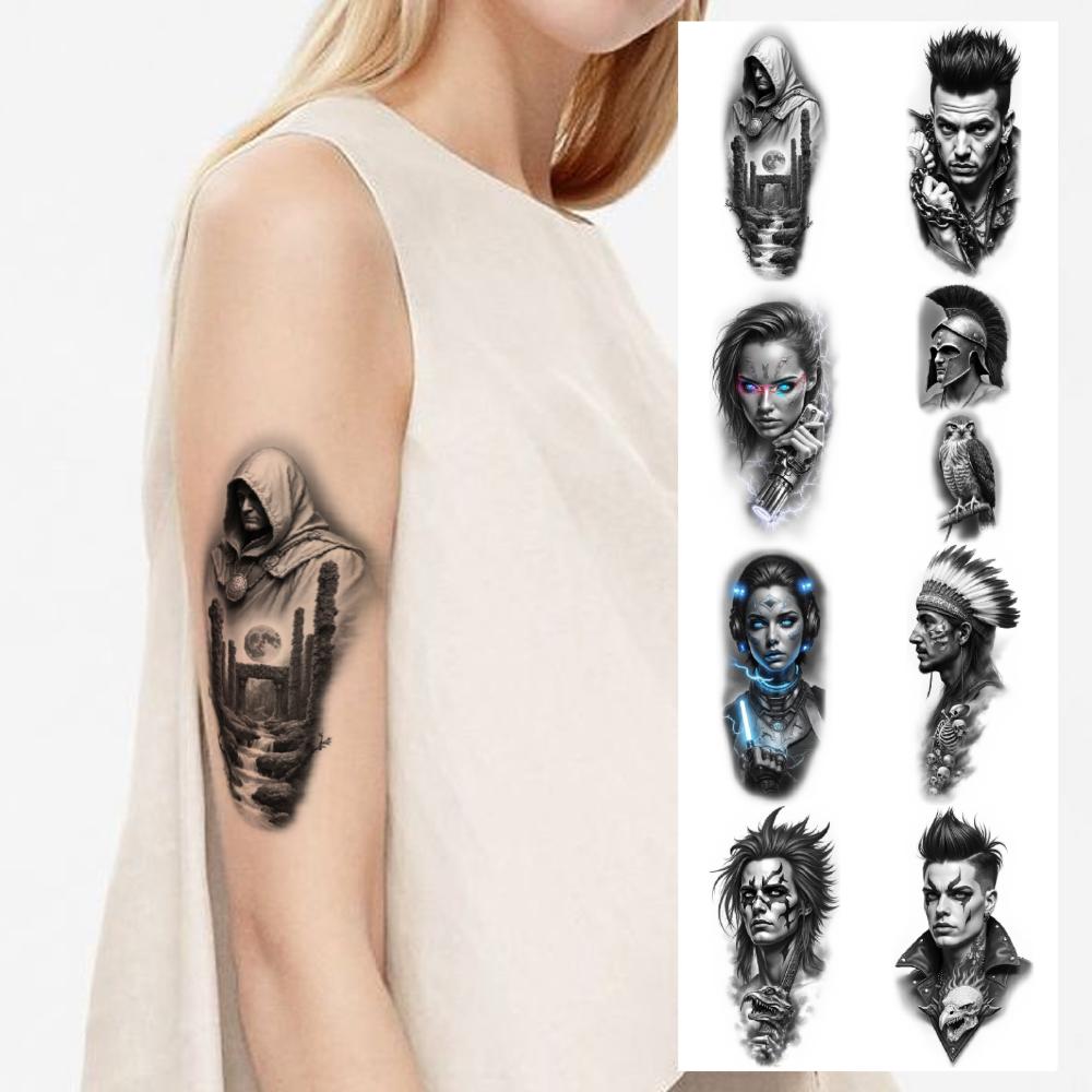 12 Stück Temporäre Tattoos Schwarz Grau Realismus Kleopatra Frau Indianerhäuptling Für Frauen Männer Oberschenkel