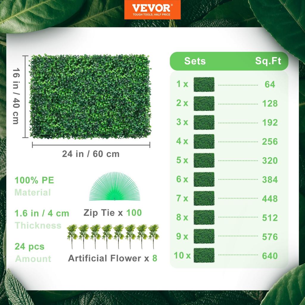 Artificial Boxwood Panel 24" X 16" UV 24pcs Boxwood Hedge Wall Panels Artificial Grass Backdrop Wall 4 cm Green Grass Wall, Fake Hedge for Decor
