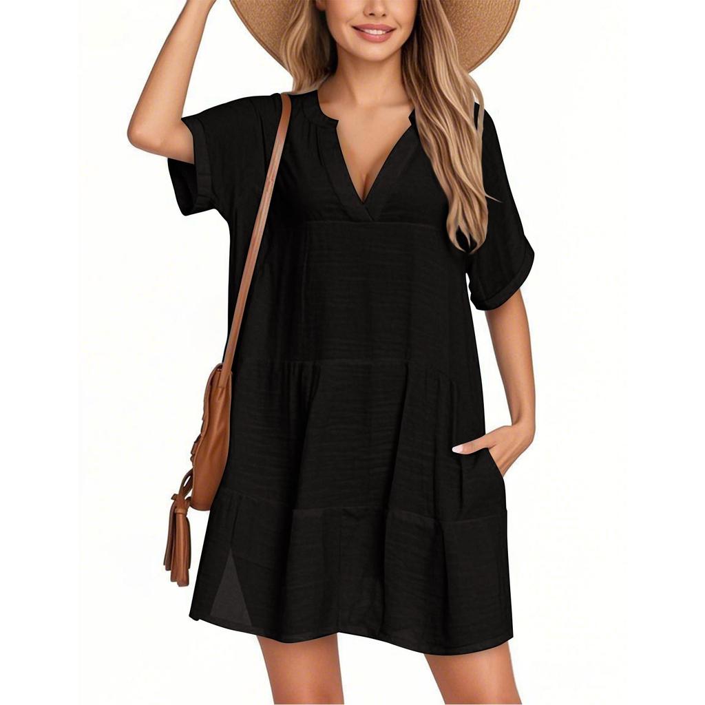 Women's Fashion Smock Casual Short-sleeved V-neck T-shirt Dress Holiday Beach Dress