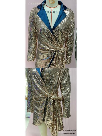European & American Ladies' Fashionable Sequin Tie-Up Dress with Waist Cinch and Lapel 