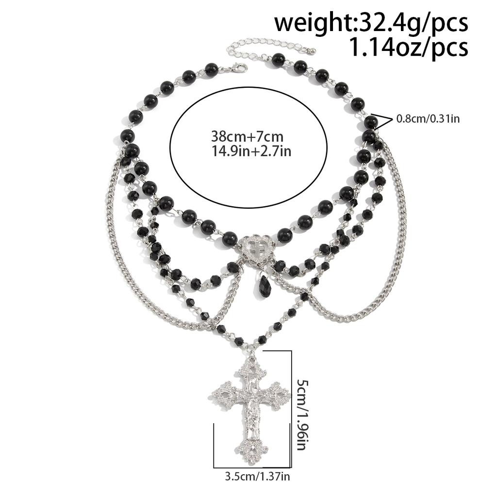 SHIXIN Gothic Multilayer Black Acrylic Bead Chain Choker Necklace for Women Retro Jesus Cross Pendant Necklace Halloween Jewelry