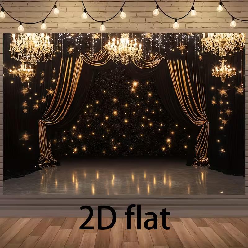 Black Gold Stage Curtain Tapestry, Chandelier Starlight Background Cloth, Party Prom Backdrop
