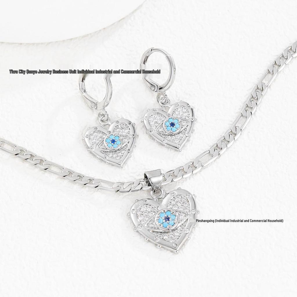 Модный набор ожерелья и серег с цирконом и подвесками в виде глаза и сердца с золотым покрытием