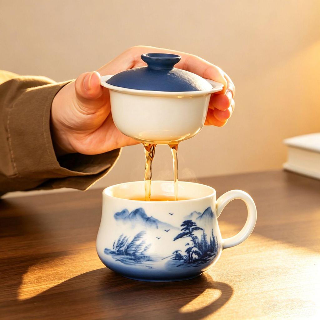 Hand-Painted Ink Wash Ceramic Tea Cup with Lid for Office or Home