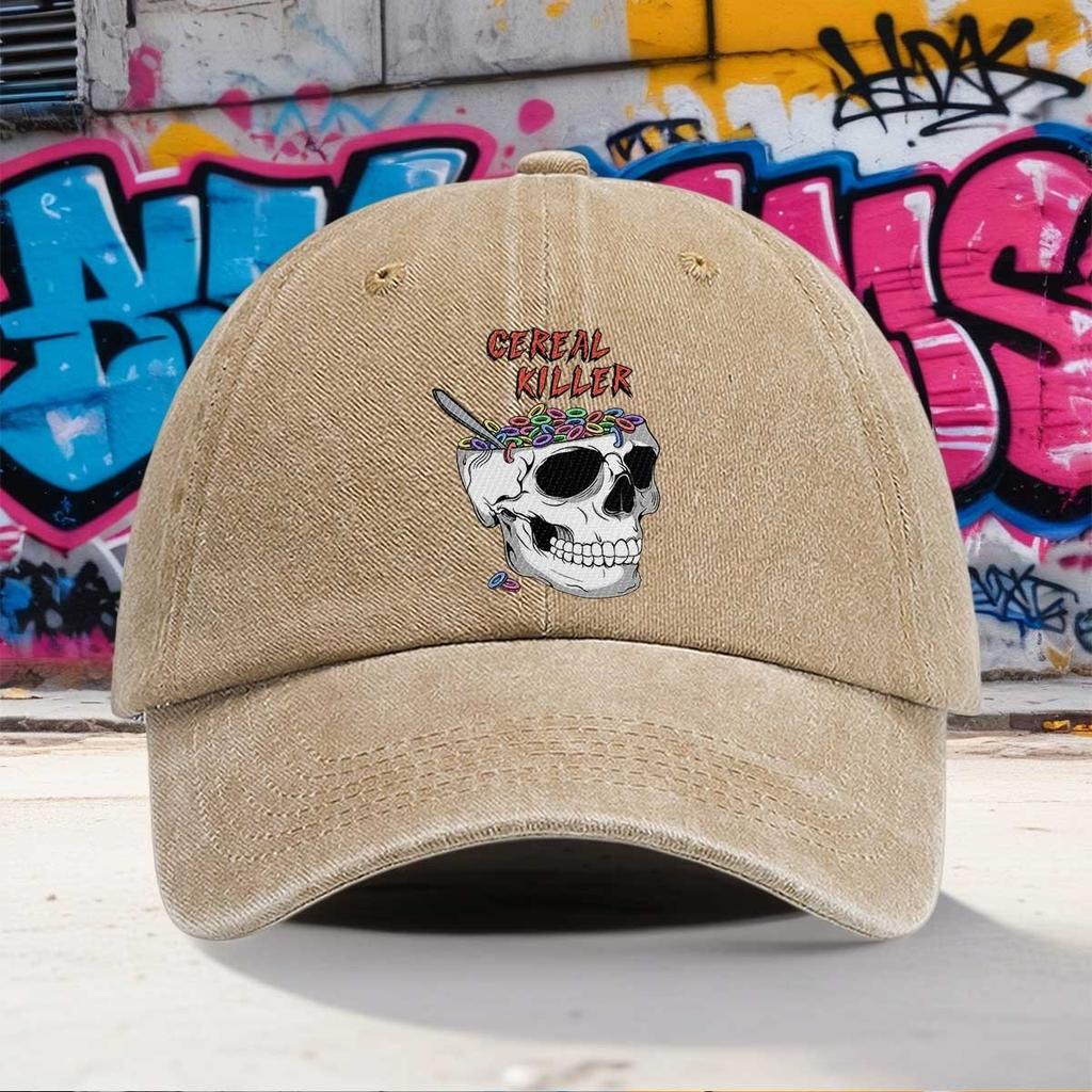 Cereal Killer Skull Graphic Washed Baseball Cap Funny Adjustable Cotton Outdoor Dad Hat