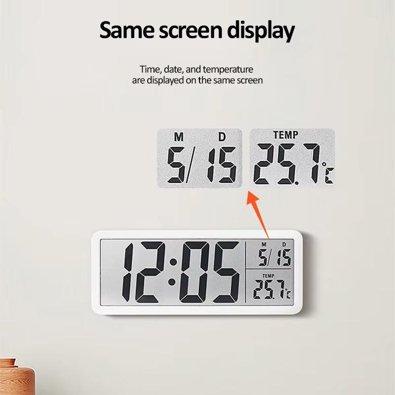 LCD Digital Wall Clock with Time Temperature Humidity and Date Display USB Cable 12/24H Alarm Clock for Living Room