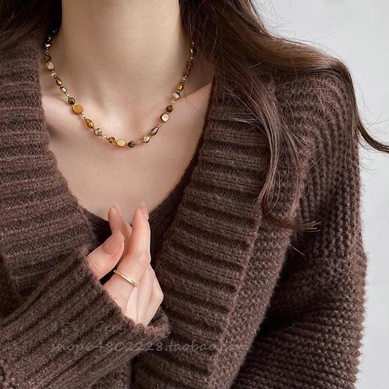 Maillard Caramel Tiger's Eye Stone Beaded Necklace Femininity Versatile Premium Sense Clavicle Chain Natural Stone Handmade