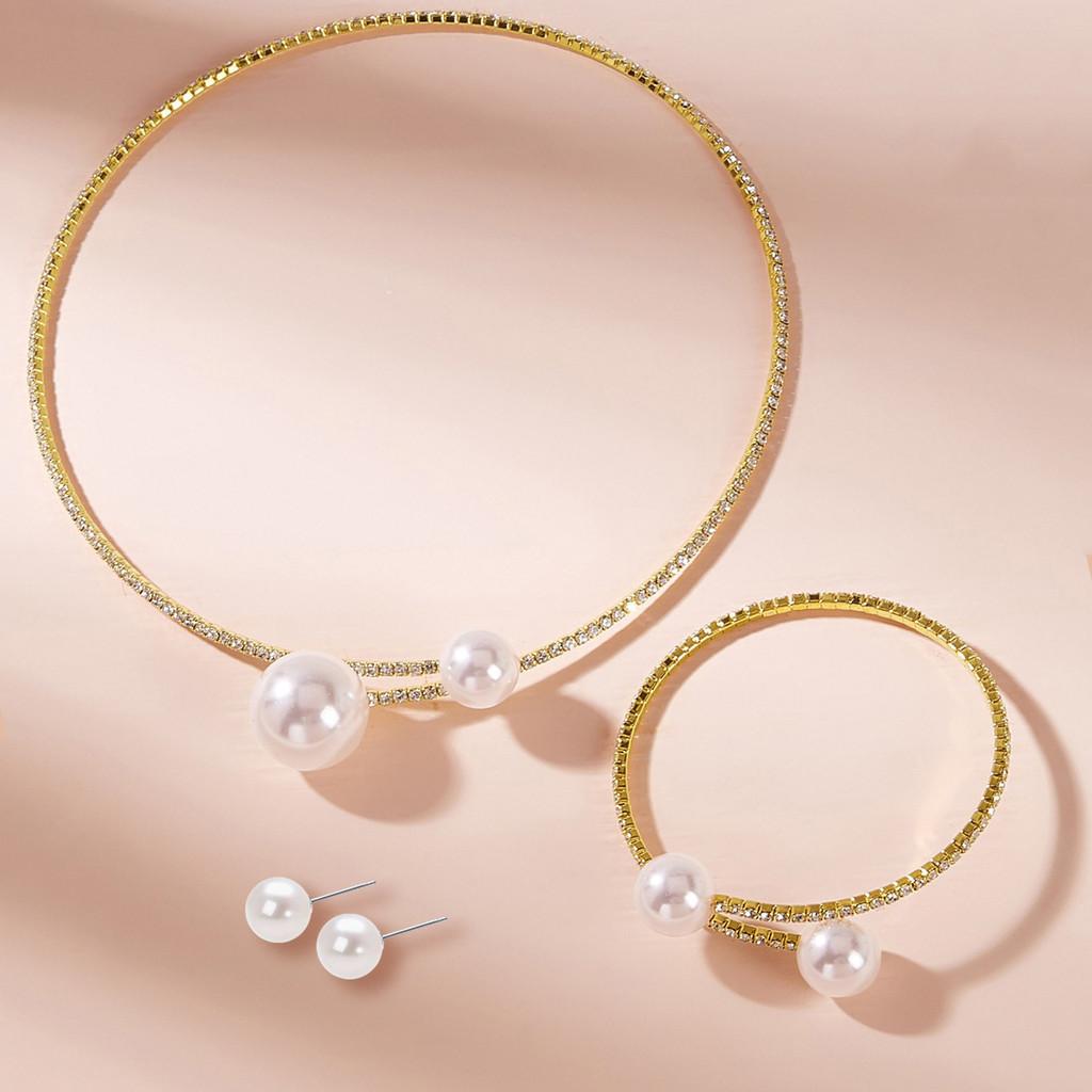 Artificial Pearl Jewelry Set With Diamondaccented Necklace Earrings And Bracelet For Women