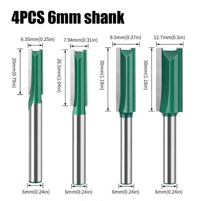 

Набор прямых фрез по дереву, плотницкие фрезы 1/4″ 5/16″ 3/8″ 1/2″Диаметр режущей кромки 6 мм Хвостовик 6,35 мм 4pcs 6mm shank зелёный