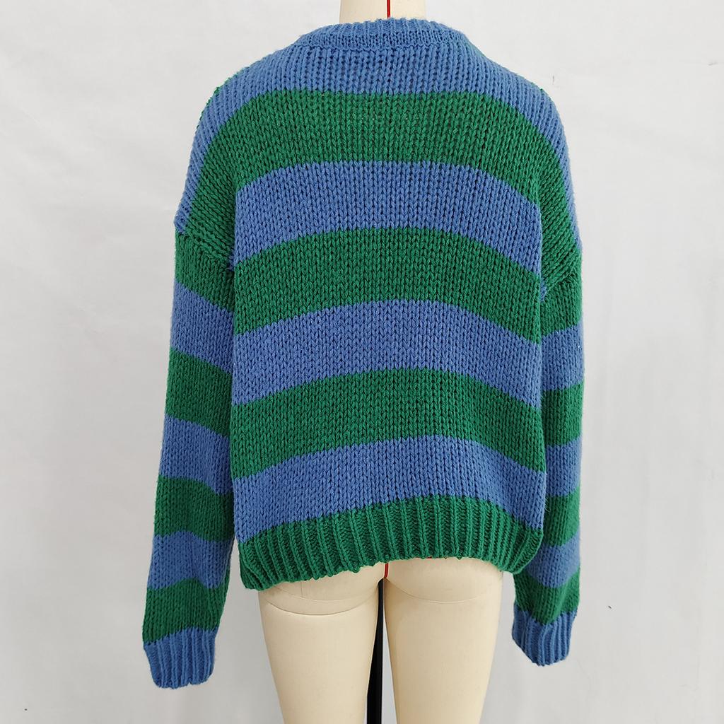 Autumn and Winter Fashion New Sweater Round Neck Contrasting Stripes Casual Retro Lazy Style Pullover 3565