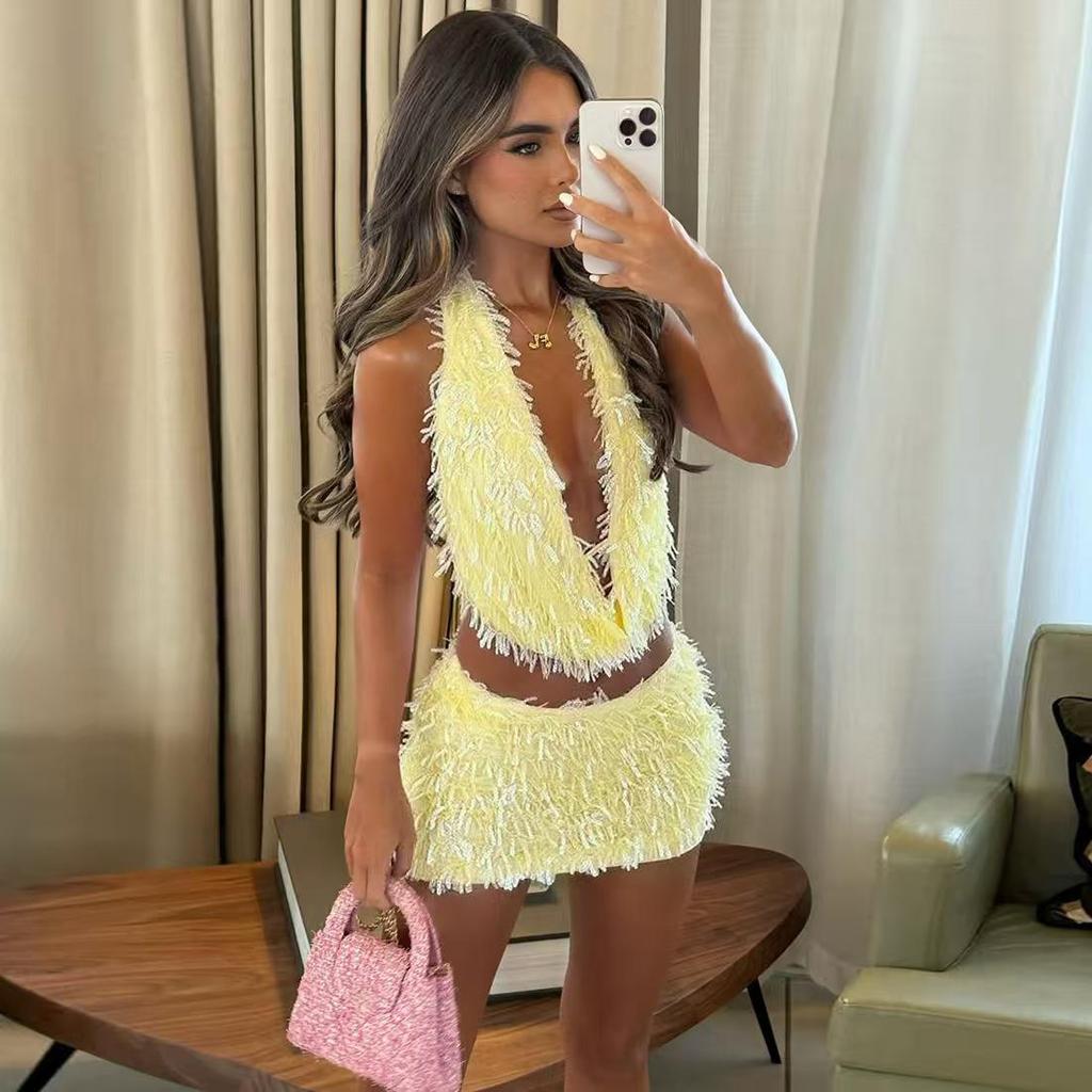 European & American Sexy Halter V-Neck Slimming Short Skirt Set for Women