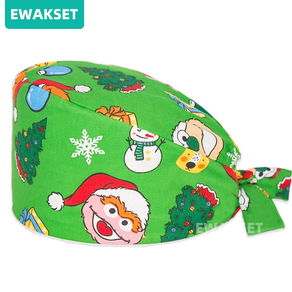 Unisex Christmas Printed Medical Caps Women Men Nurse Doctor Top Surgical Cap Chef Working Hat 100%cotton Scrub Cap