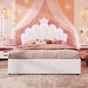 Letto imbottito, 140 x 200 cm, Senza materasso, Luce ambientale controllata a distanza, 2 cassetti, Forma a corona di principessa, Testiera regolabile, PU, Bianco