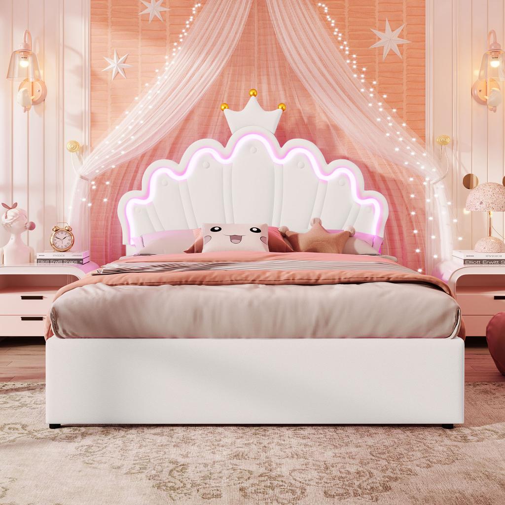 Letto imbottito, 140 x 200 cm, Senza materasso, Luce ambientale controllata a distanza, 2 cassetti, Forma a corona di principessa, Testiera regolabile, PU, Bianco