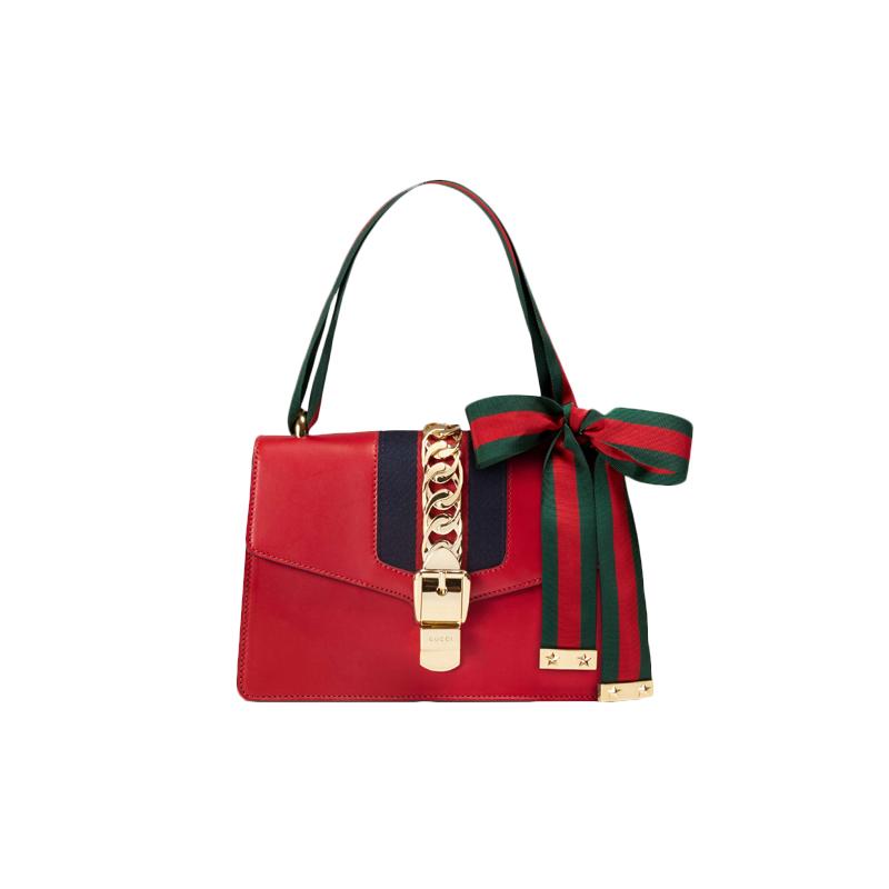 Gucci Sylvie gold buckle striped webbing grosgrain bow wide shoulder strap leather one-shoulder crossbody handbag small women's red