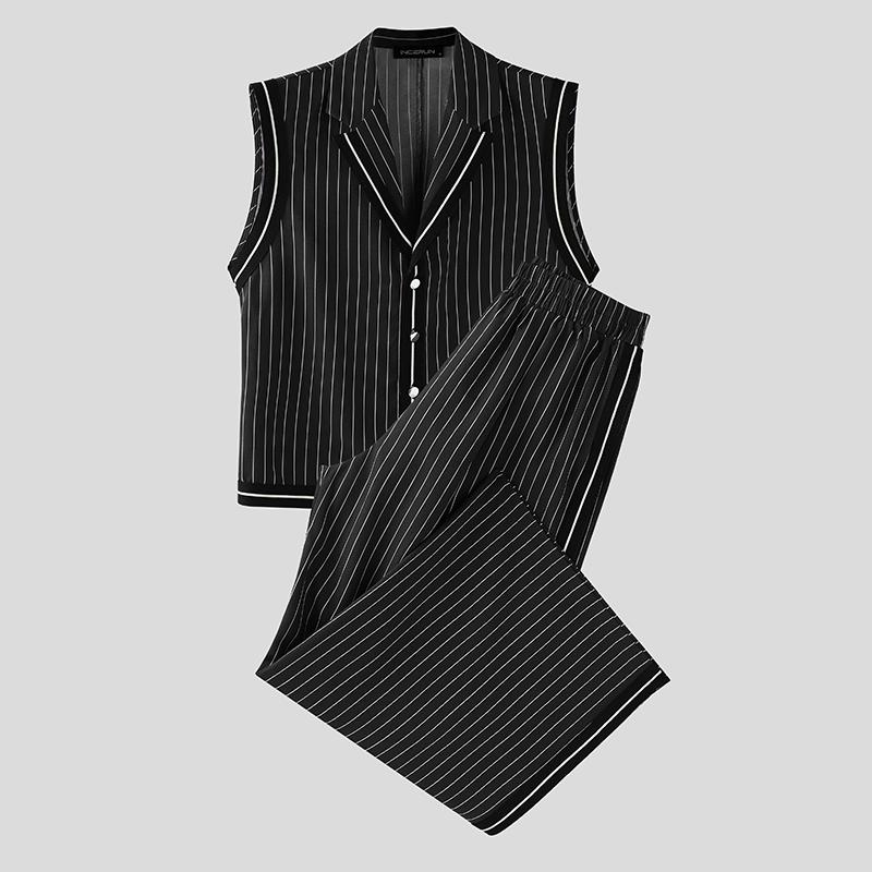 

INCERUN Men Sleeveless Striped Stitching Waistcoat and Long Pants Outfits Sets S