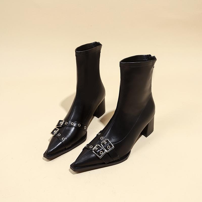 Fashion Block Heel Skinny Boots Women's Fashion Pointed Toe Rear Zip Rivet Metal Belt Buckle Non-Slip High Heel Shorthole Boots