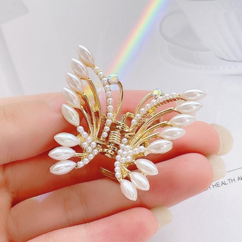 Elegant Faux Pearl Hair Clip Women High Ponytail Small Butterfly Catch Clip Side Clip Back Head Plate Girls Hair Accessories