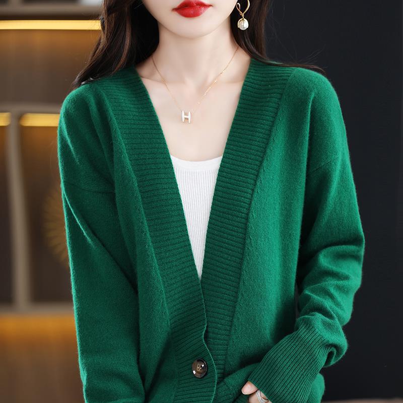 Casual Style Knitted Cardigan Sweater for Women, V-neck Solid Color Outerwear, Long Sleeved Jacket for Women