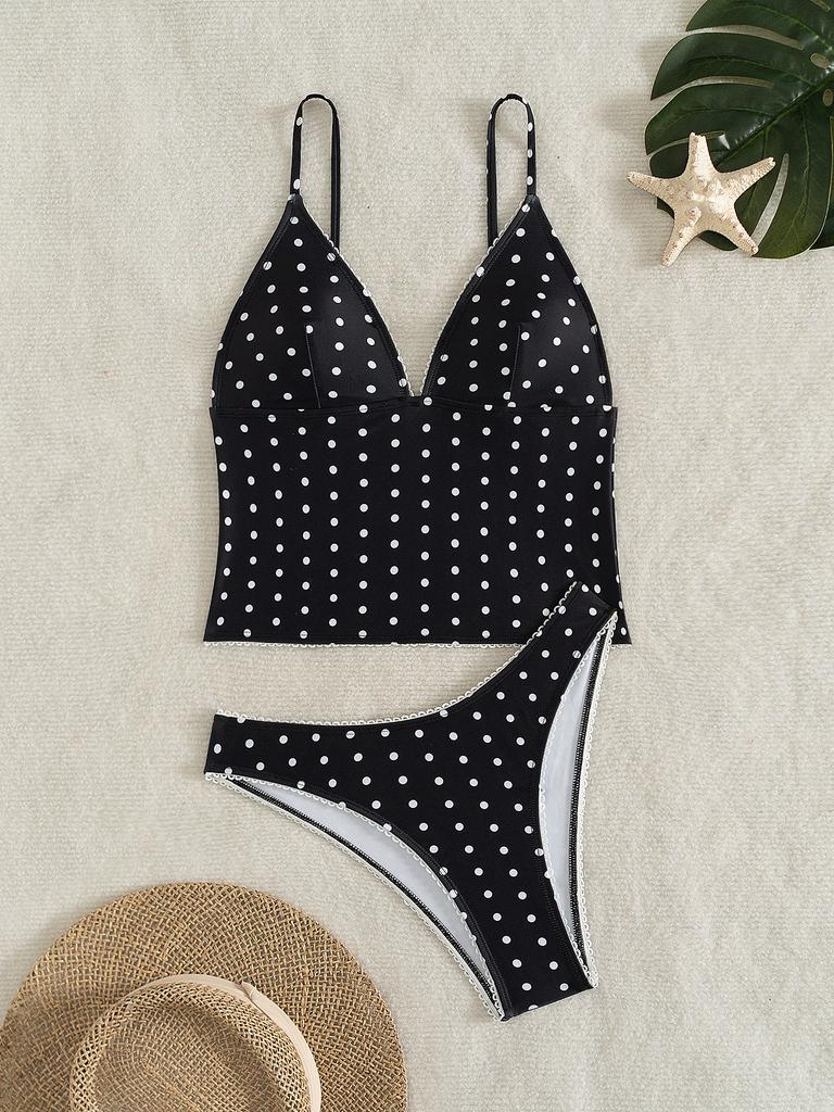 Women's Tankini Strap V-neck Polo-dot Low Waist Sexy Split Bikini Swimsuit