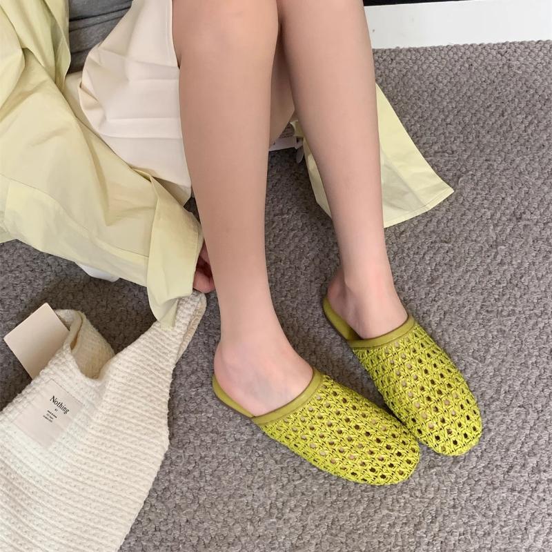 Fashion 2025 New Women Flat Sandals Mesh Knit Hollow Braided Summer Breathable Non Slip Slip-On Dressy Casual Vacation Slides Slippers