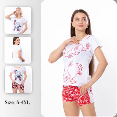 Women’s Pajama Set (T-Shirt + Shorts) – Soft Knit & Cheerful Print, Summer, 8072-002-33 HC