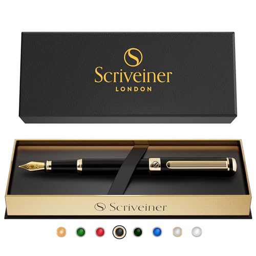 

Scriveiner Premium Fountain Pen (Black). Features a genuine gold-plated and Schmidt-plated nib (fine). This sophisticated fountain pen gift set is per