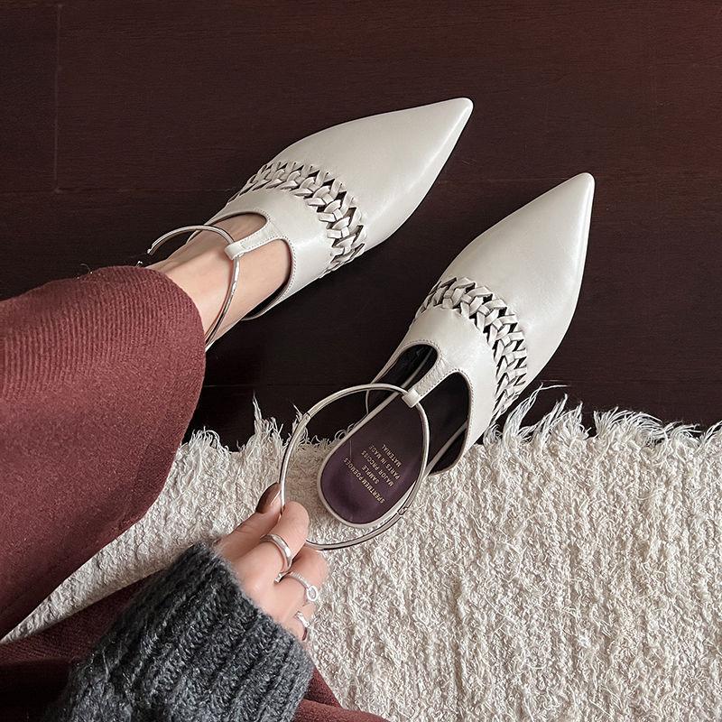 Fashion 2025 Sexy Genuine Leather Mueller Slippers Women Pointed Toe Braided Ankle Ring Slippers Ladies Low Heel Summer Casual Slides