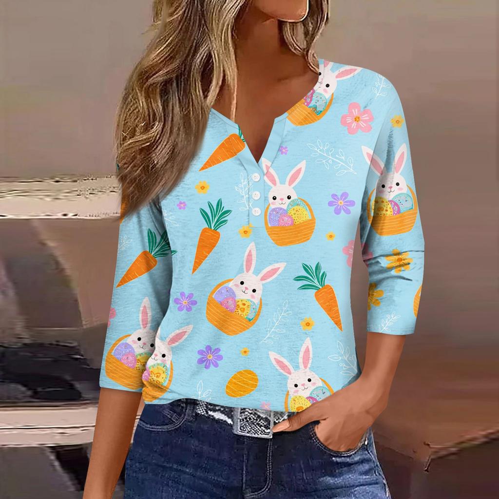 Women's Fashion Casual Easter Printed V-neck Short Sleeve Decorative Button Seven Sleeve T-shirt Top