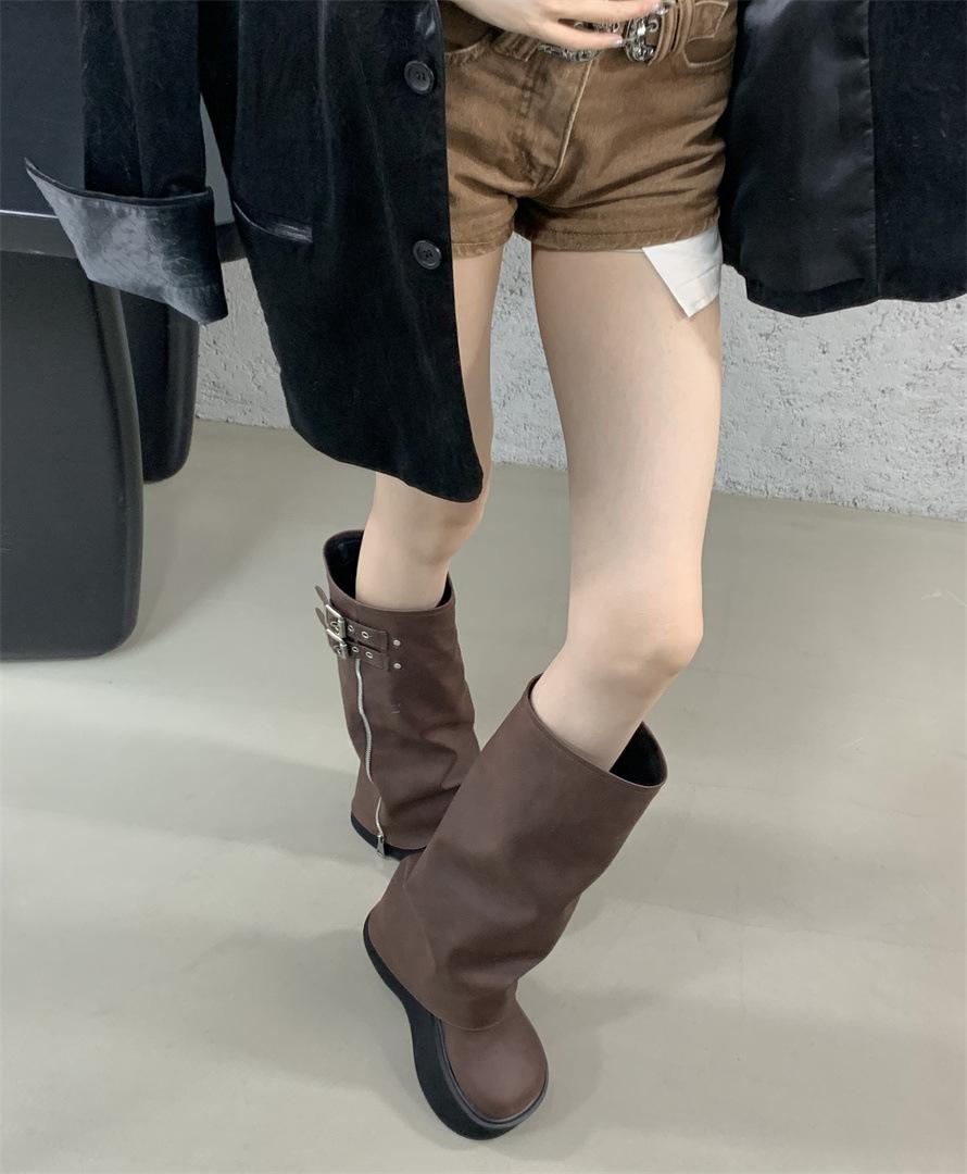 

В наличии~ Ботинки на толстой подошве женские новые модели увеличивают рост, но ботфорты Брючные ботинки Ботинки рыцаря Ботинки на высокой платформе 39 коричневый