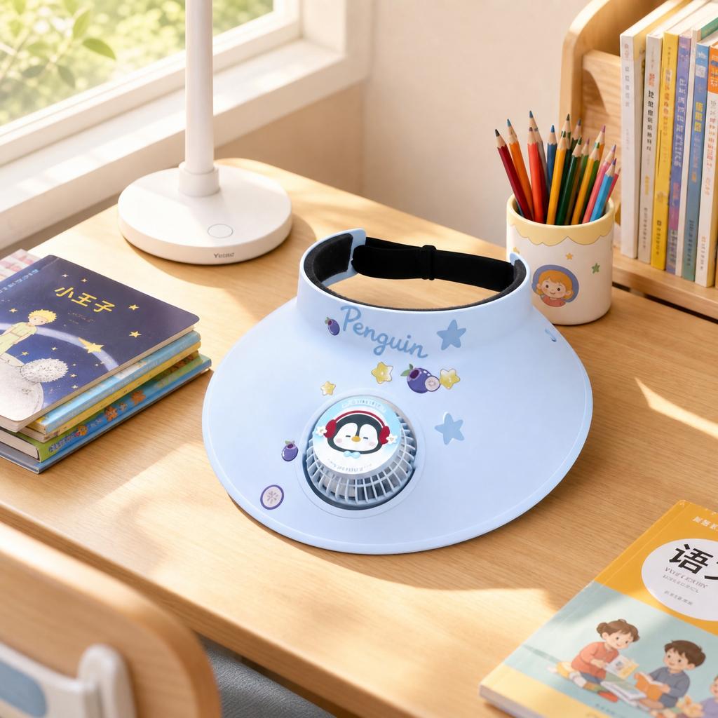 Outdoor Studenten-Fächerhut Wiederaufladbar Drei Geschwindigkeiten Sonnenvisierhut mit DIY-Aufklebern Cartoon-Stil Verstellbares Kopfband USB-Aufladung