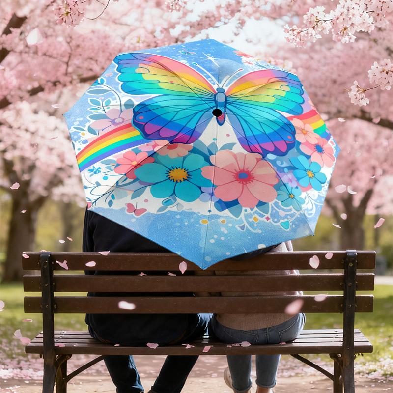 1pc Butterfly Rainbow Pattern Umbrella Design Automatic Opening and Closing Umbrella, High-quality Travel Umbrella,  C1128261