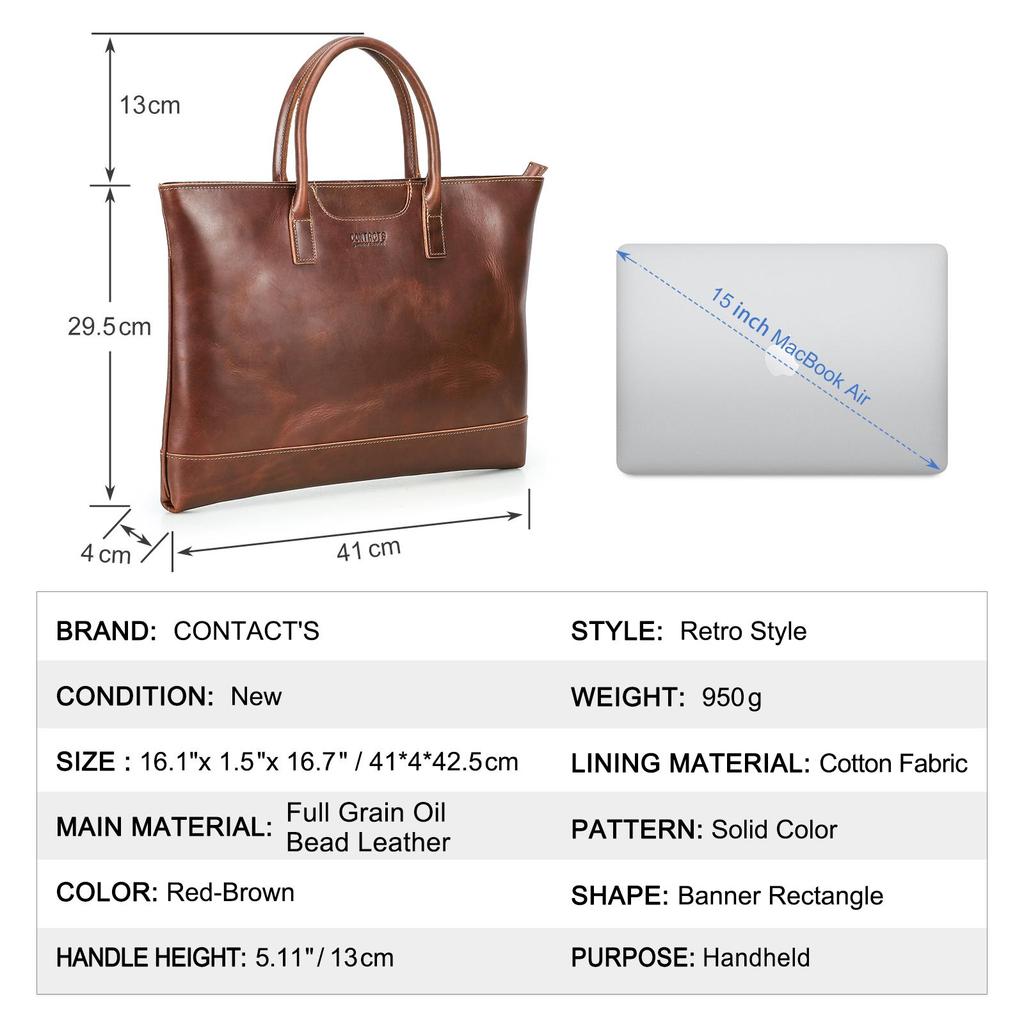 CONTACT'S Genuine Leather Handbag Men Retro Quality Large Capacity Briefcase Male Metal Zipper Daily Office Travel Laptop Bag