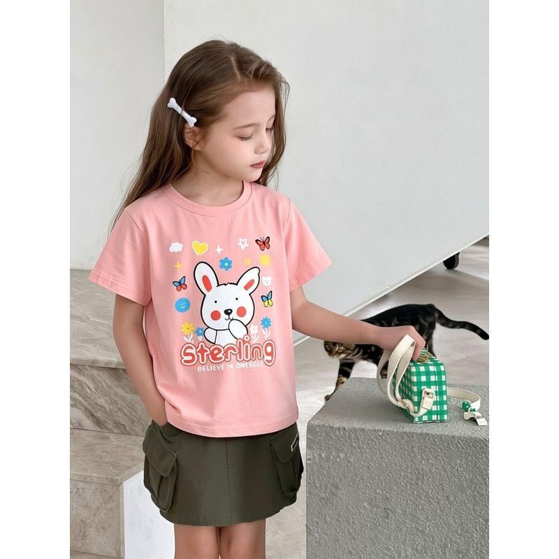 27Home Korean Brand Children's Clothing Summer Style Girls' Pure Cotton Short-Sleeved T-Shirt Cartoon Rabbit Print Kidsren's Clothing