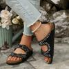 Flat Slippers Summer New Round Toe Open Toe Metal Buckle Studded Anti-Slip Wear-Resistant Plus Size Romans