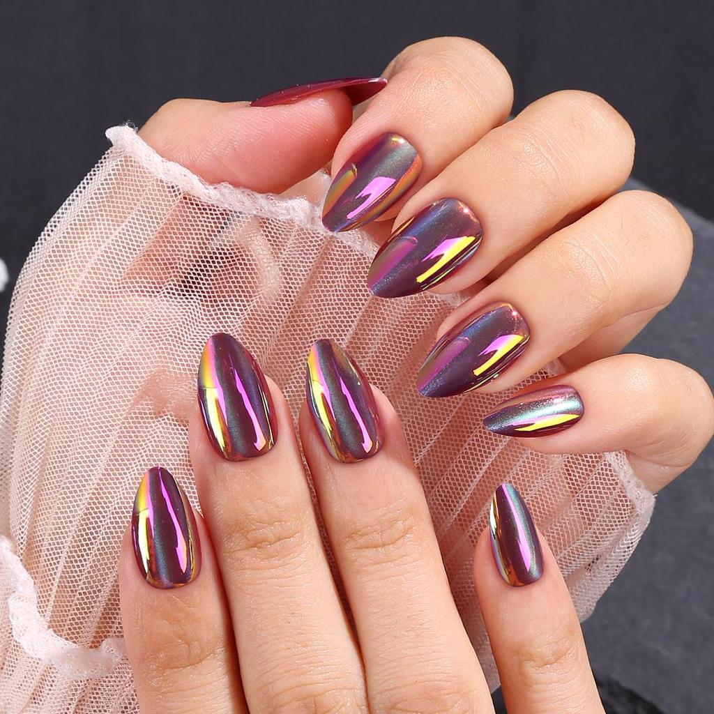 Electroplated Iridescent Cat Eye Almond Stiletto Nail Tips - Wearable Pre-made False Nails for Art.