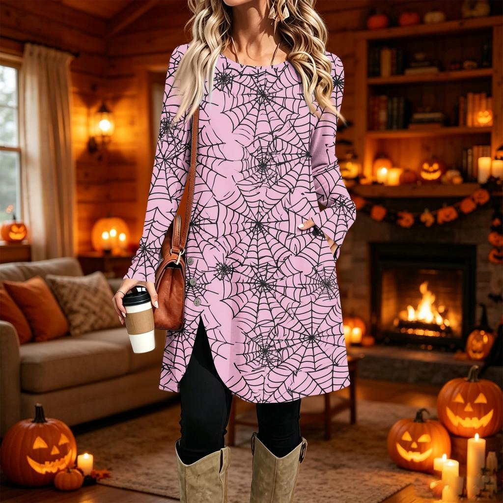 Women's Casual Printed Long Sleeve Round Neck Dress for Daily Wear