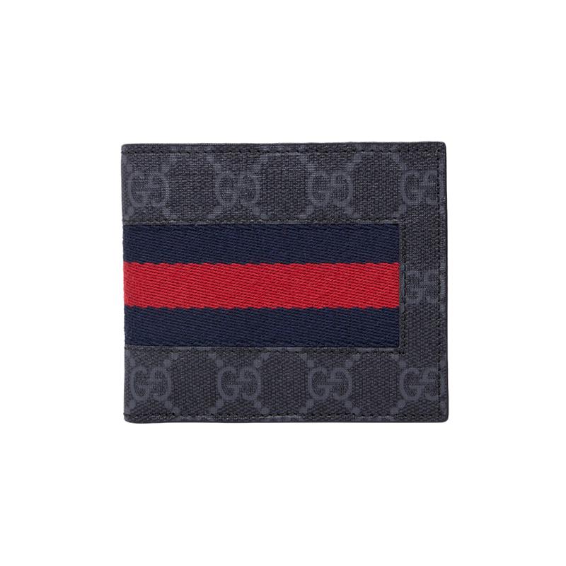 Gucci GG Supreme Presbyopia Logo Striped Web Short Bifold Canvas and Leather Wallet Mini Men's Black Gray