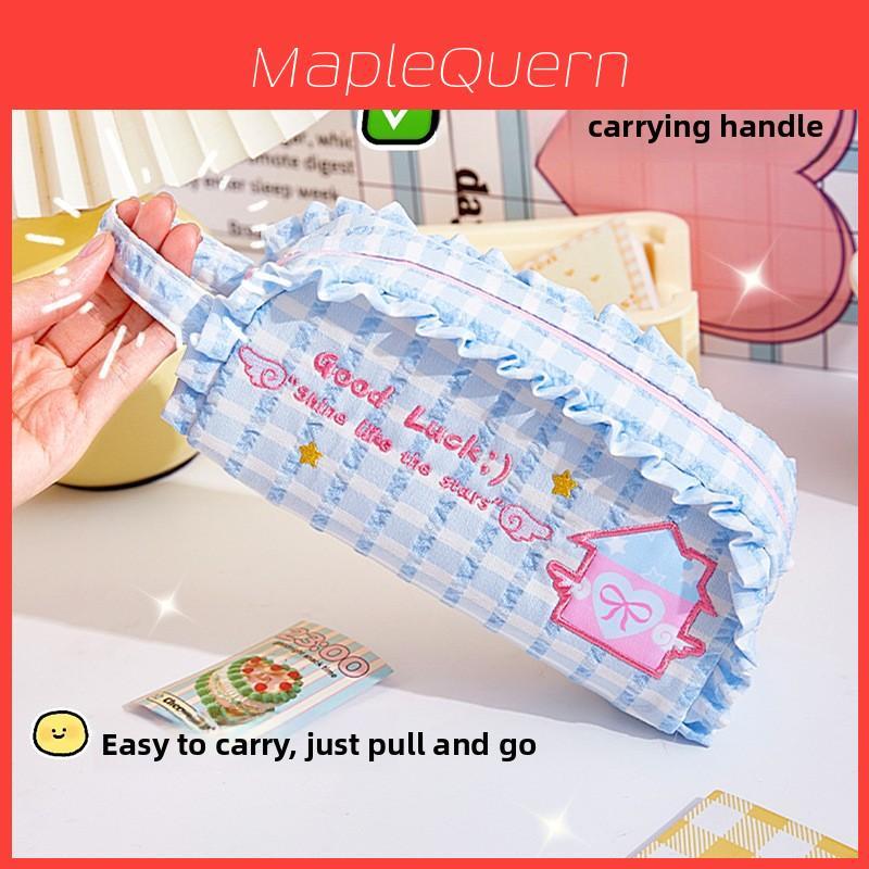 Girls Heart Canvas Pencil Case With Large Capacity And Lace Embroidery For School Supplies